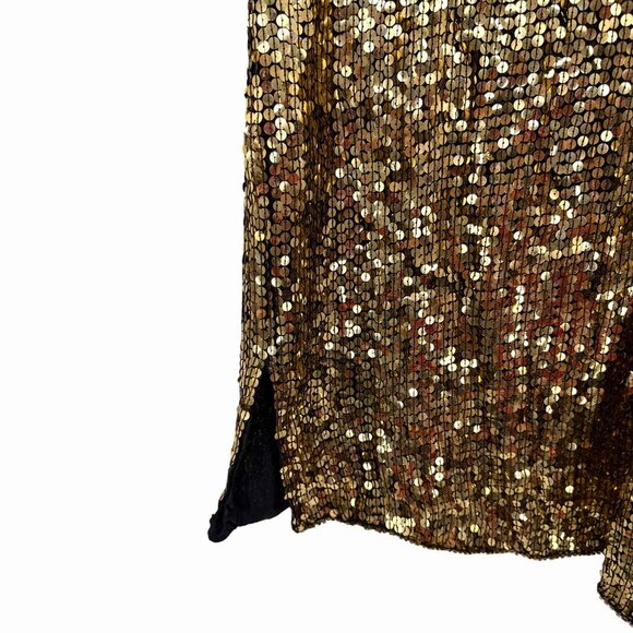 VINTAGE GOLD SEQUIN SILK MIDI SKIRT W/ FLORAL BEADED DESIGN - Picture 3 of 8